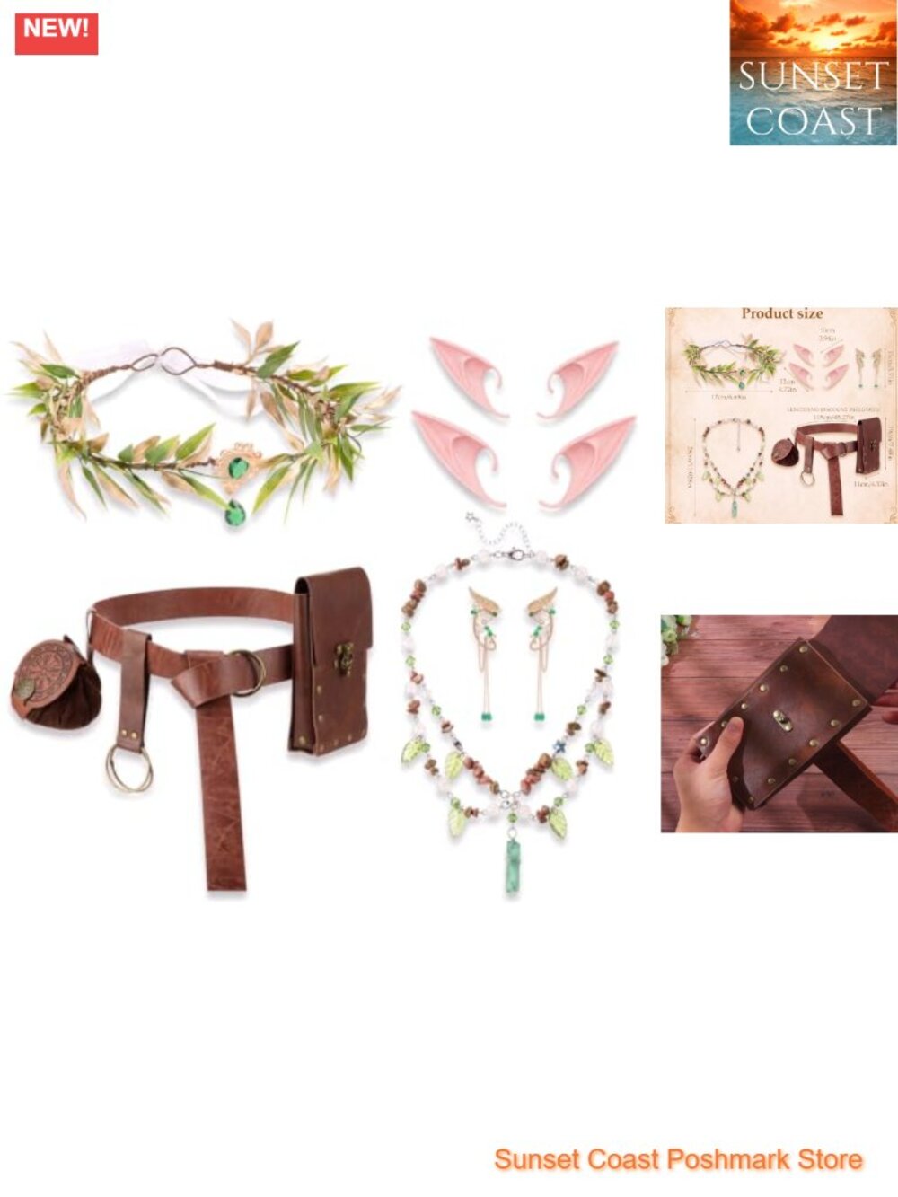 Medieval Renaissance Fairy Cosplay Accessory Set PU Leather Belt Pouch Elf Ears